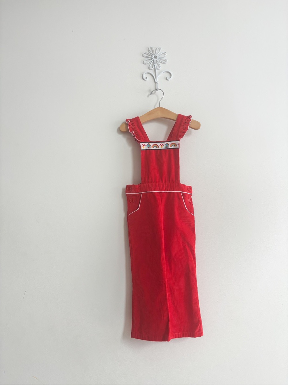 Little Bird Girls' Red Embroidered Overalls